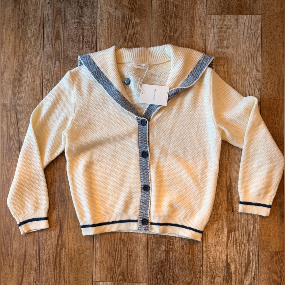 Musy Muse Cream and Gray Button-Up Sailor Cardigan NWT